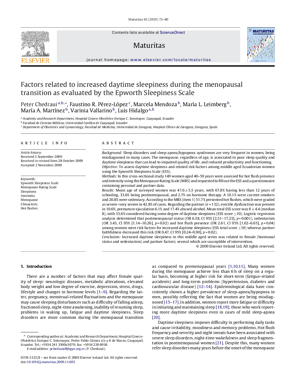 Factors related to increased daytime sleepiness during the menopausal transition as evaluated by the Epworth Sleepiness Scale