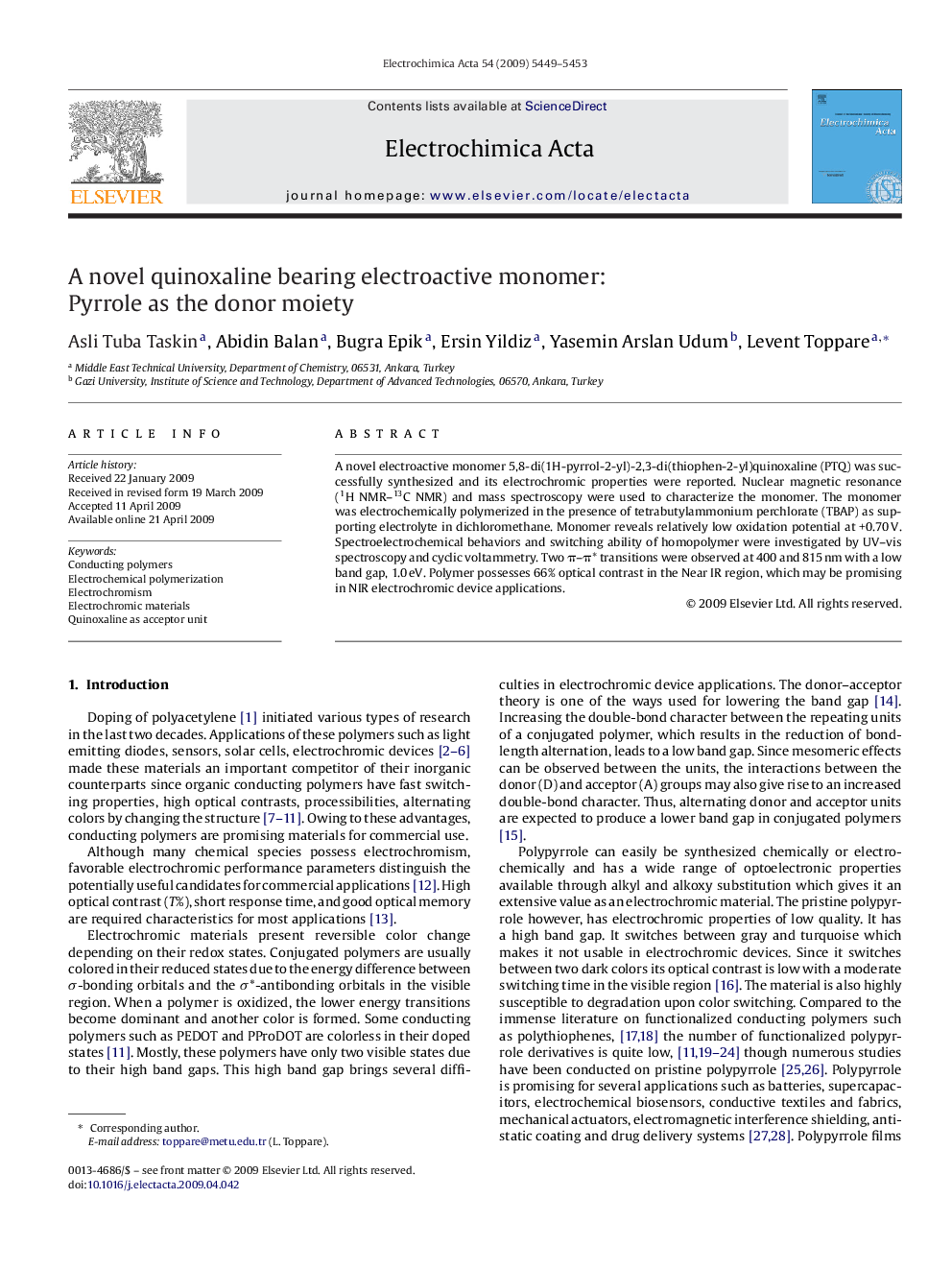 A novel quinoxaline bearing electroactive monomer: Pyrrole as the donor moiety