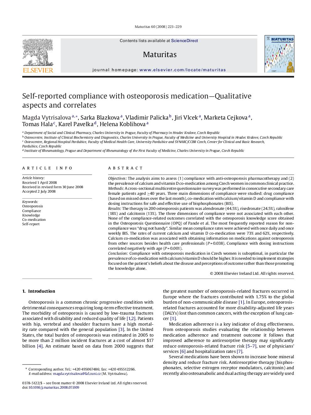 Self-reported compliance with osteoporosis medication—Qualitative aspects and correlates