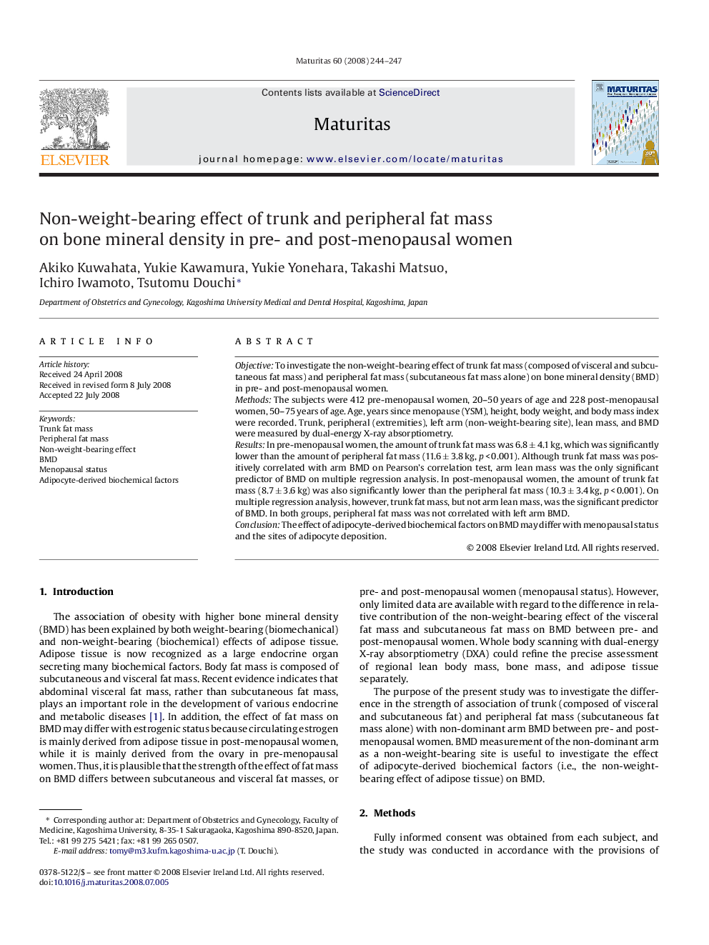 Non-weight-bearing effect of trunk and peripheral fat mass on bone mineral density in pre- and post-menopausal women