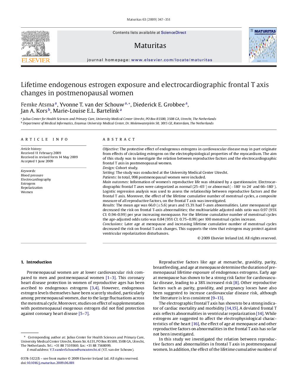 Lifetime endogenous estrogen exposure and electrocardiographic frontal T axis changes in postmenopausal women