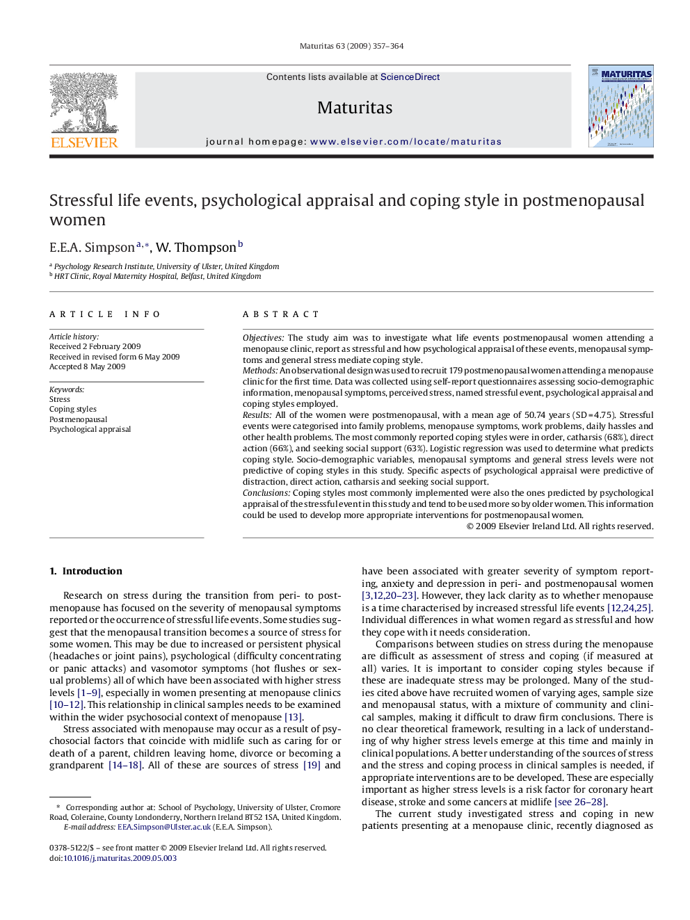 Stressful life events, psychological appraisal and coping style in postmenopausal women