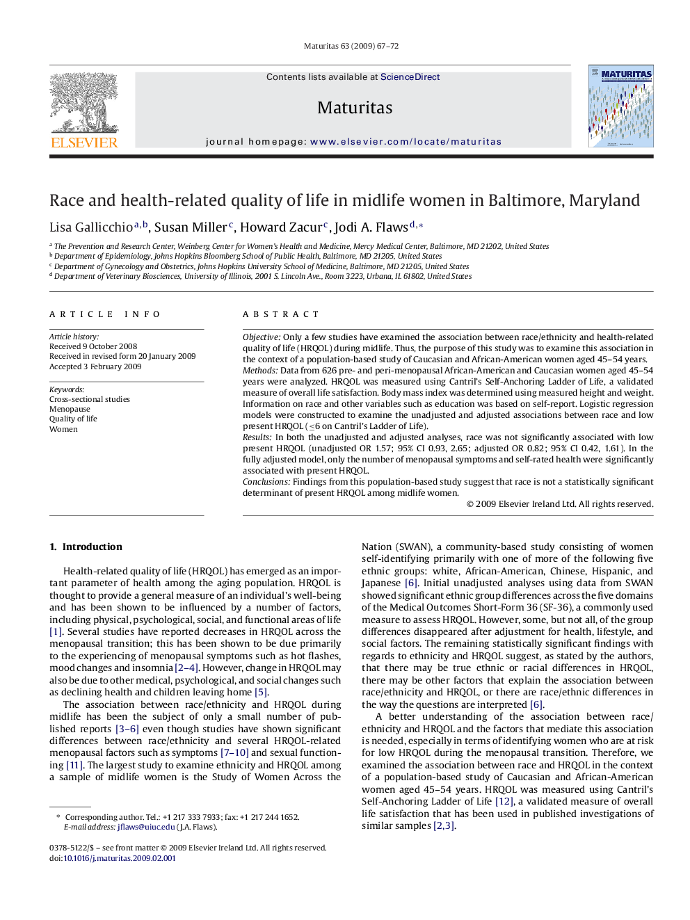 Race and health-related quality of life in midlife women in Baltimore, Maryland