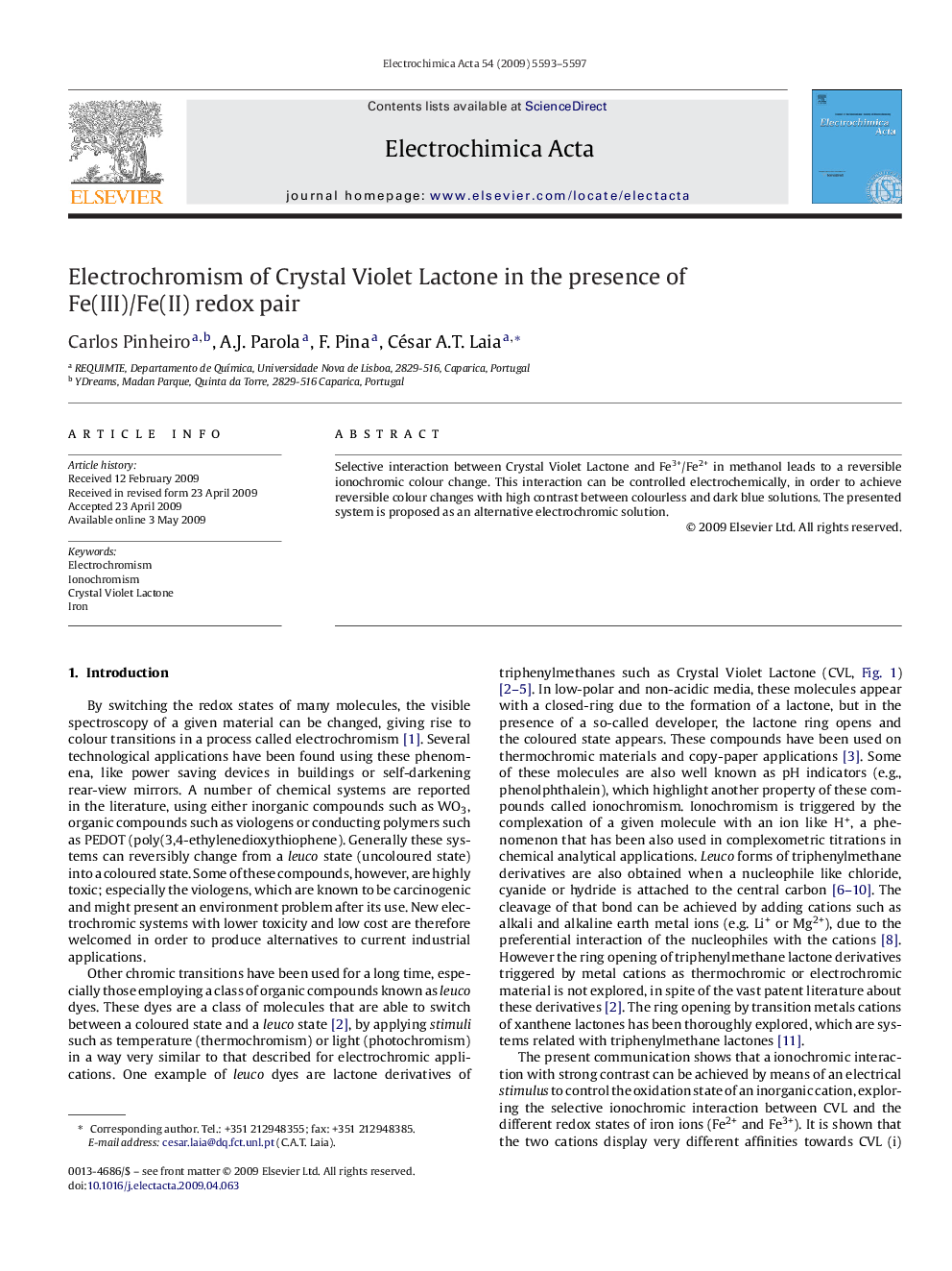 Electrochromism of Crystal Violet Lactone in the presence of Fe(III)/Fe(II) redox pair