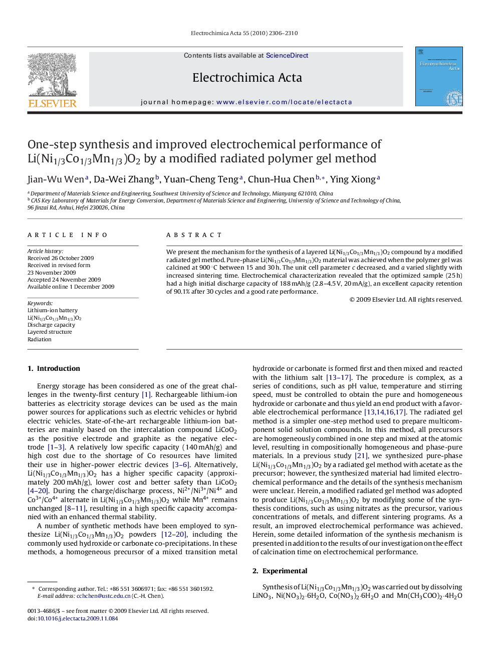 One-step synthesis and improved electrochemical performance of Li(Ni1/3Co1/3Mn1/3)O2 by a modified radiated polymer gel method