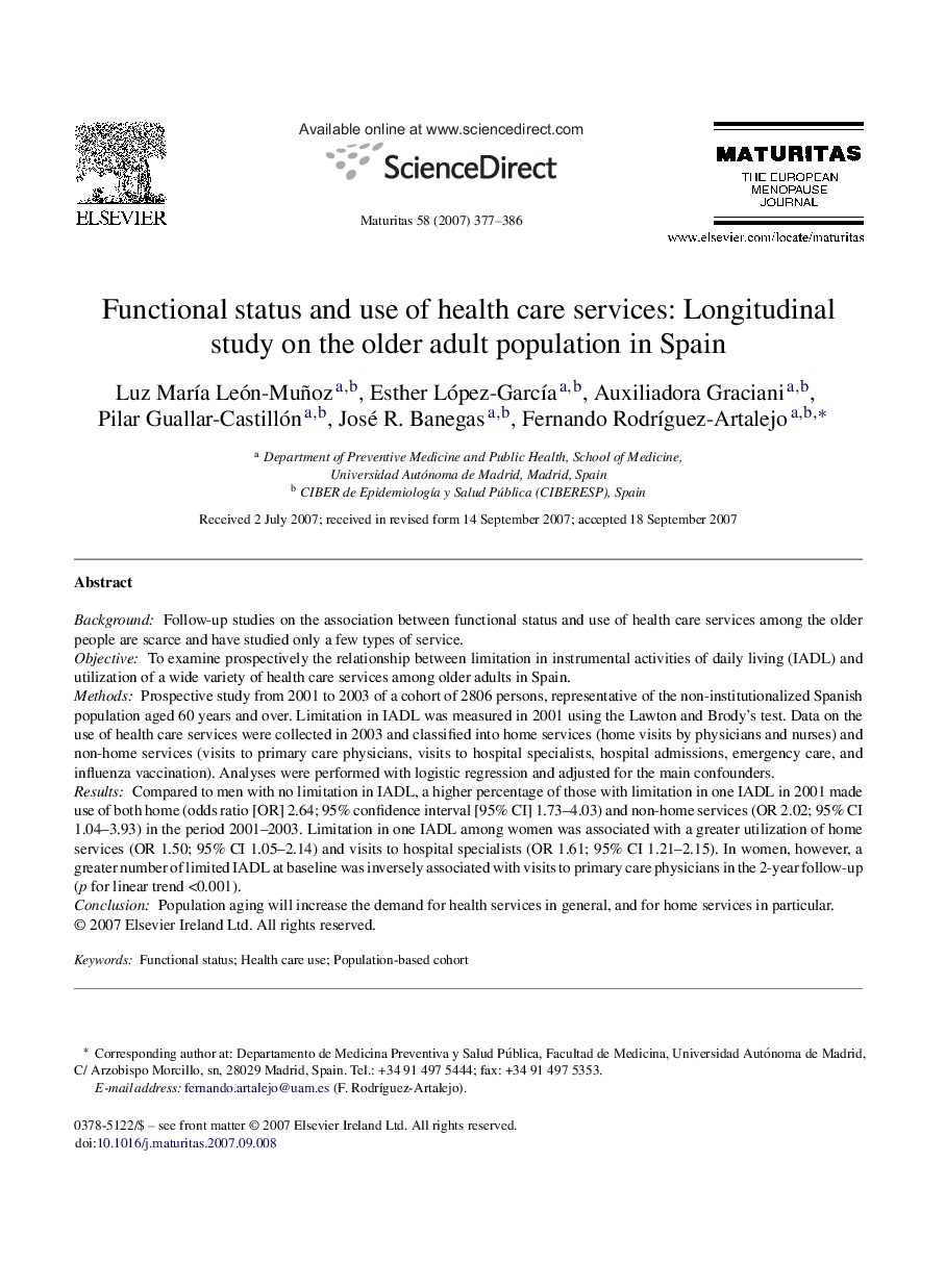 Functional status and use of health care services: Longitudinal study on the older adult population in Spain