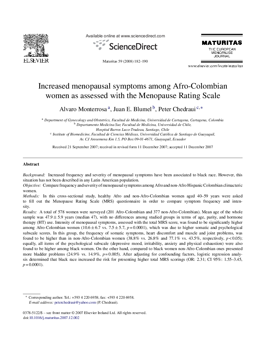 Increased menopausal symptoms among Afro-Colombian women as assessed with the Menopause Rating Scale