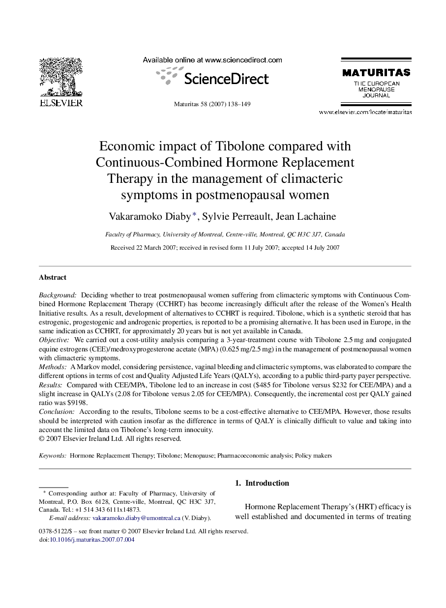 Economic impact of Tibolone compared with Continuous-Combined Hormone Replacement Therapy in the management of climacteric symptoms in postmenopausal women