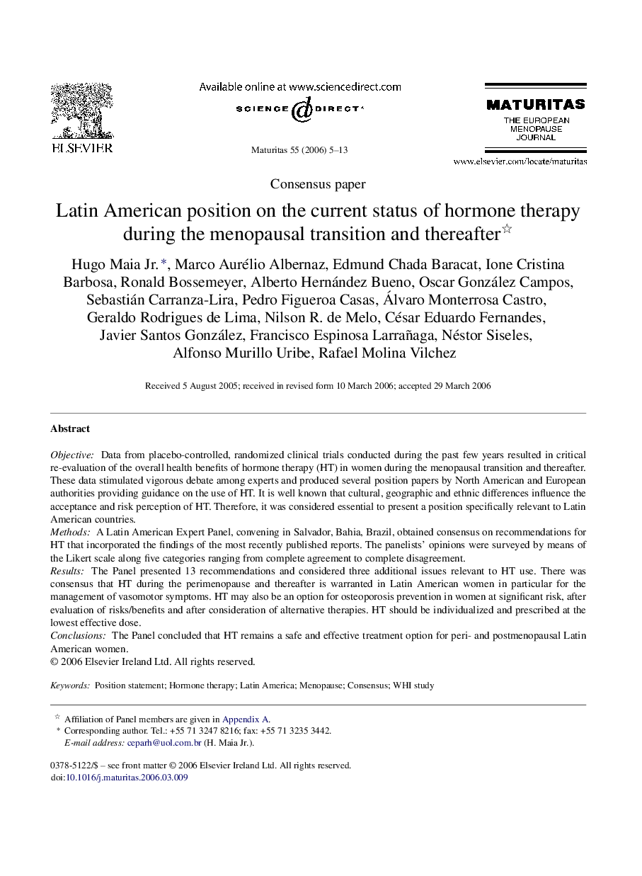 Latin American position on the current status of hormone therapy during the menopausal transition and thereafter