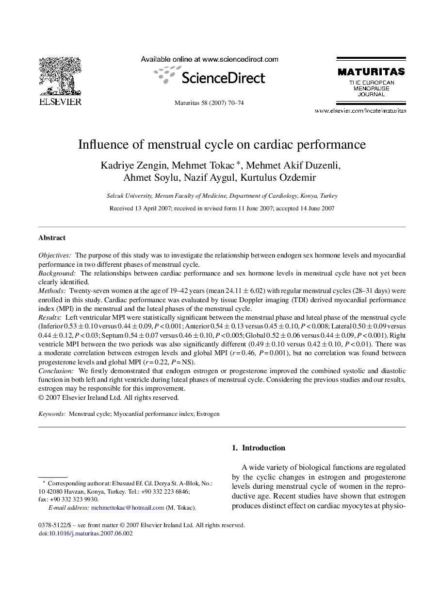 Influence of menstrual cycle on cardiac performance