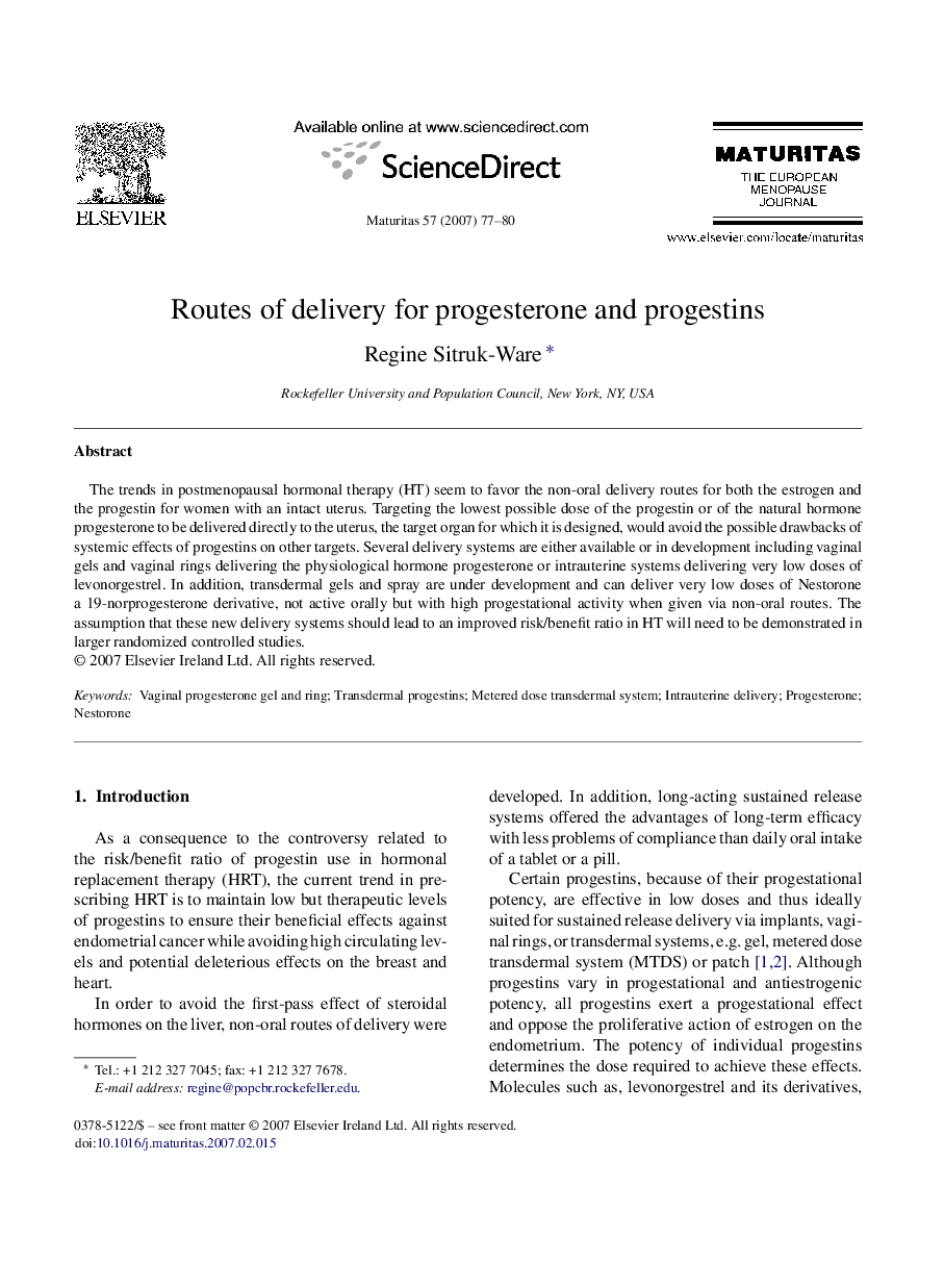 Routes of delivery for progesterone and progestins