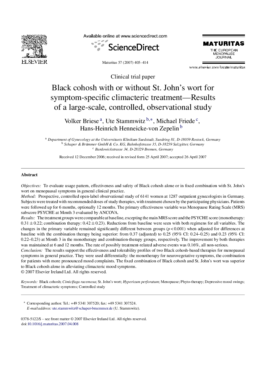 Black cohosh with or without St. John's wort for symptom-specific climacteric treatment—Results of a large-scale, controlled, observational study