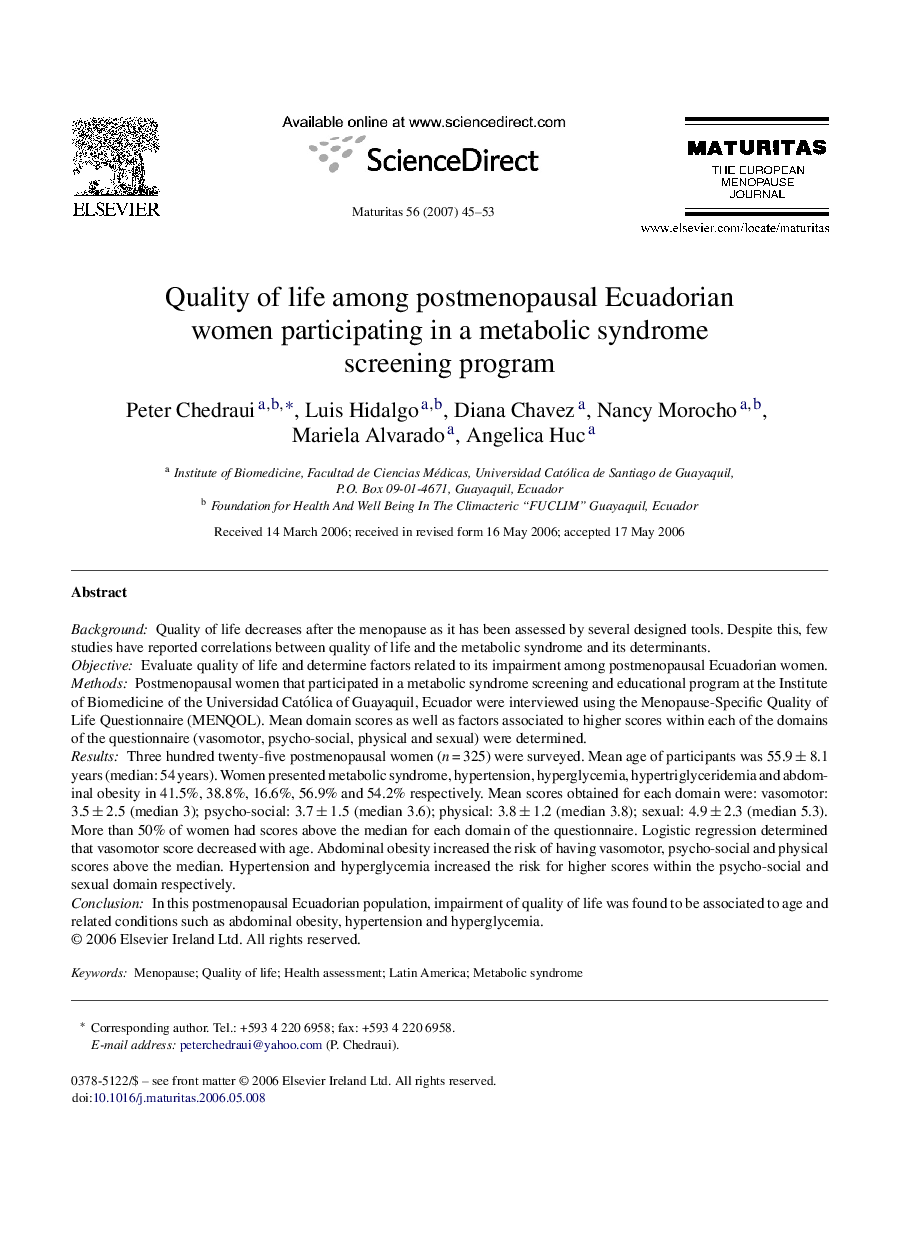 Quality of life among postmenopausal Ecuadorian women participating in a metabolic syndrome screening program