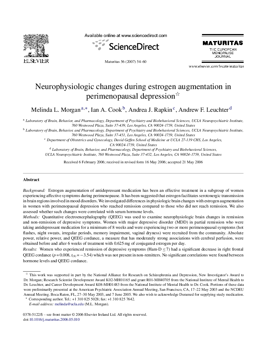 Neurophysiologic changes during estrogen augmentation in perimenopausal depression 