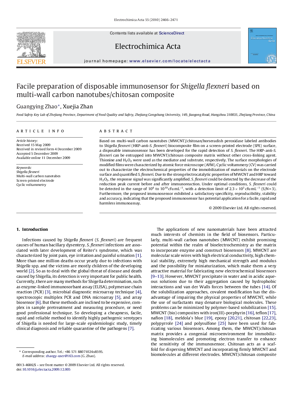 Facile preparation of disposable immunosensor for Shigella flexneri based on multi-wall carbon nanotubes/chitosan composite