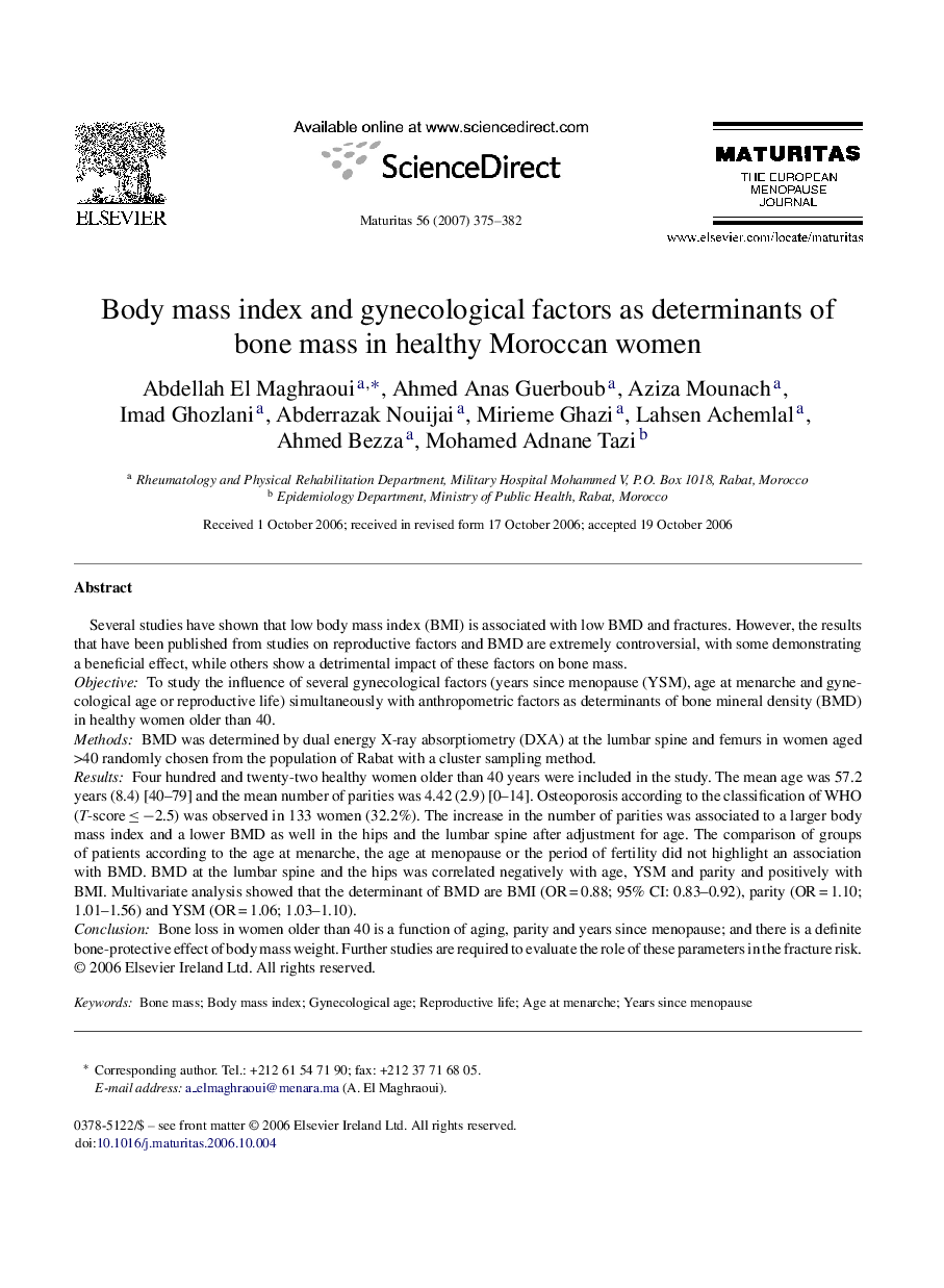 Body mass index and gynecological factors as determinants of bone mass in healthy Moroccan women