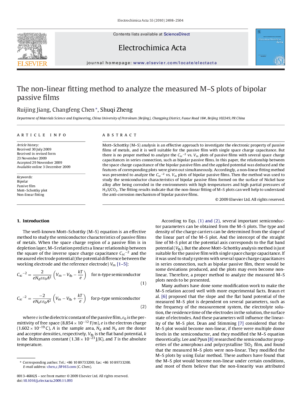 The non-linear fitting method to analyze the measured M–S plots of bipolar passive films