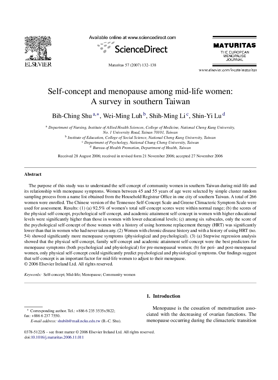 Self-concept and menopause among mid-life women: A survey in southern Taiwan