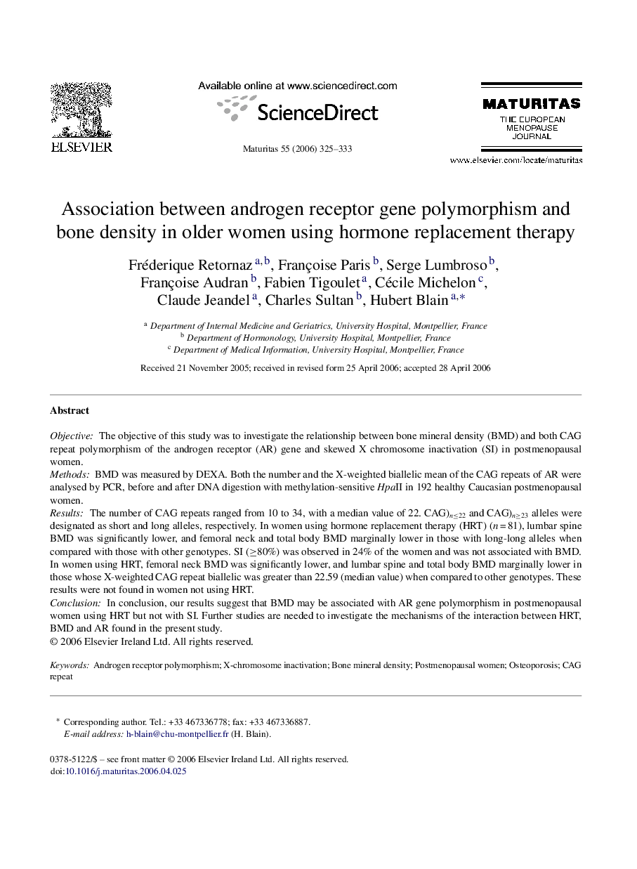 Association between androgen receptor gene polymorphism and bone density in older women using hormone replacement therapy