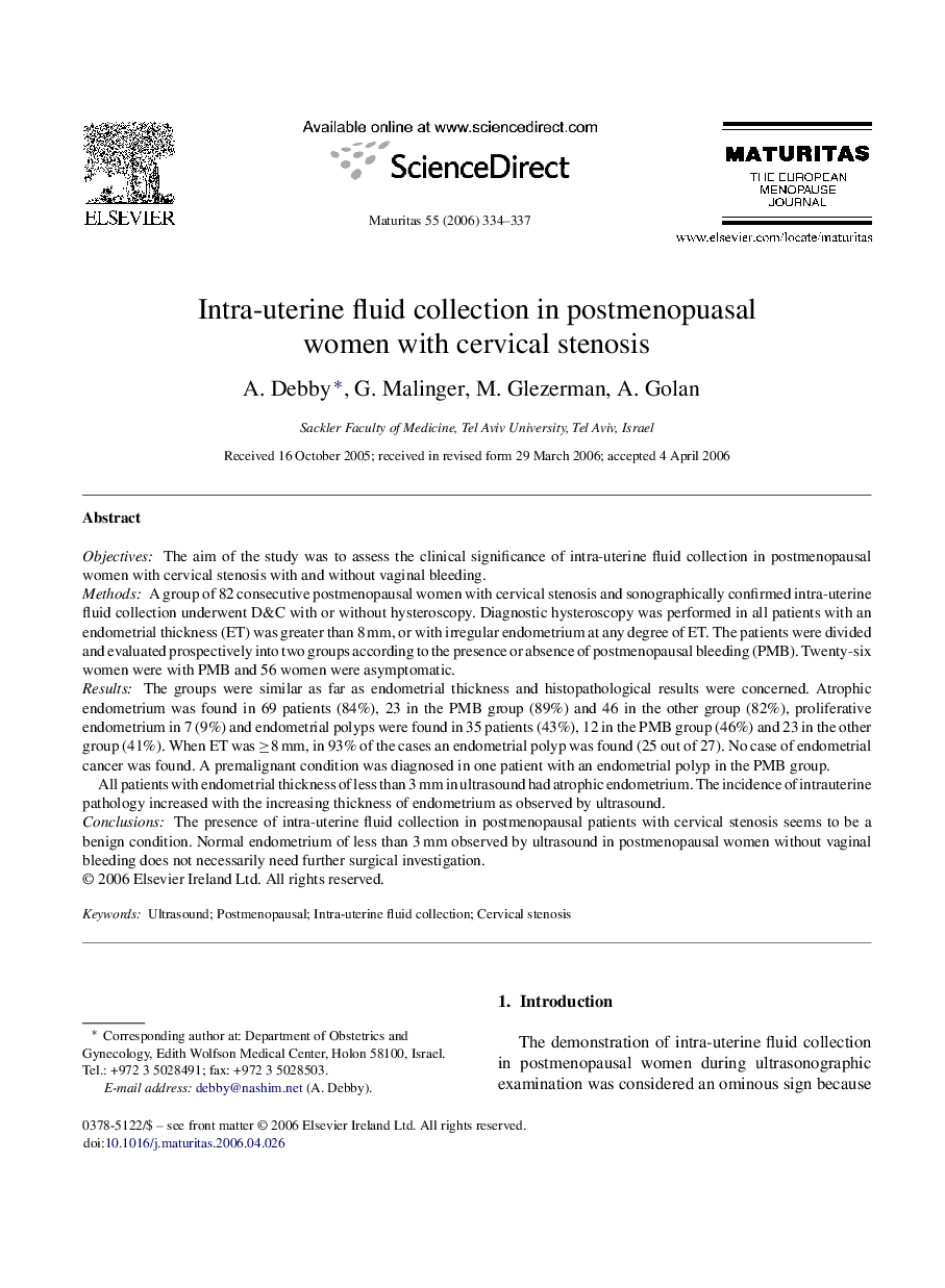 Intra-uterine fluid collection in postmenopuasal women with cervical stenosis