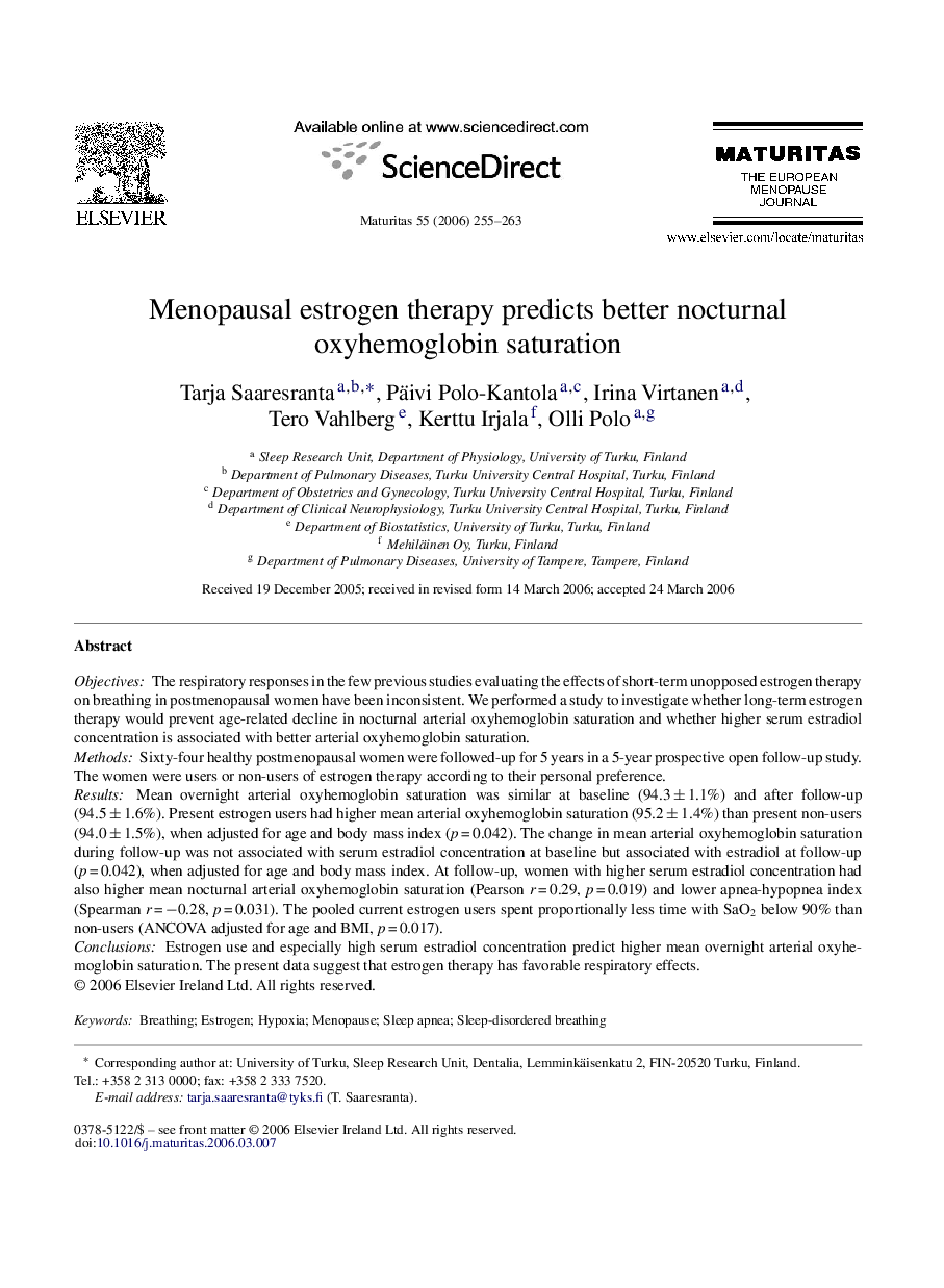 Menopausal estrogen therapy predicts better nocturnal oxyhemoglobin saturation