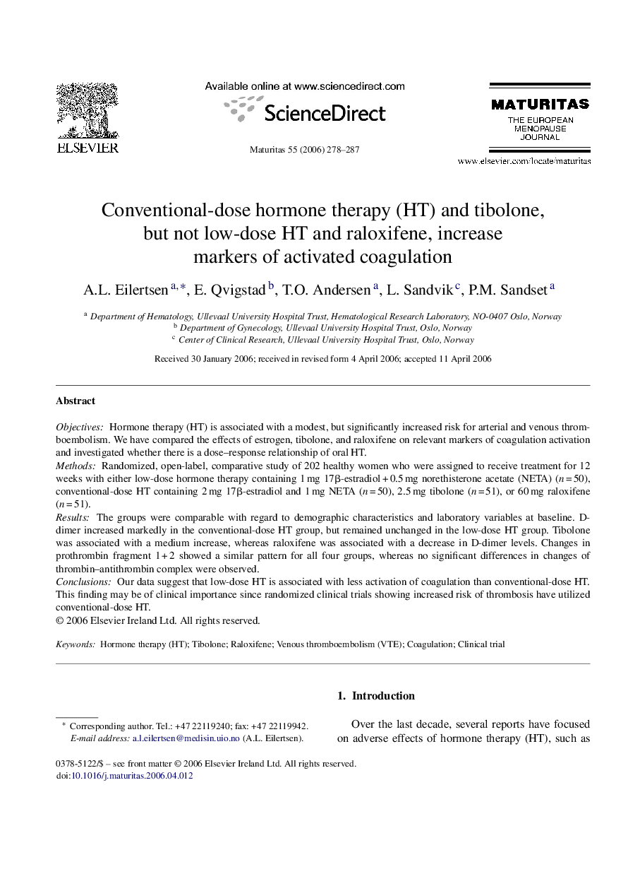 Conventional-dose hormone therapy (HT) and tibolone, but not low-dose HT and raloxifene, increase markers of activated coagulation