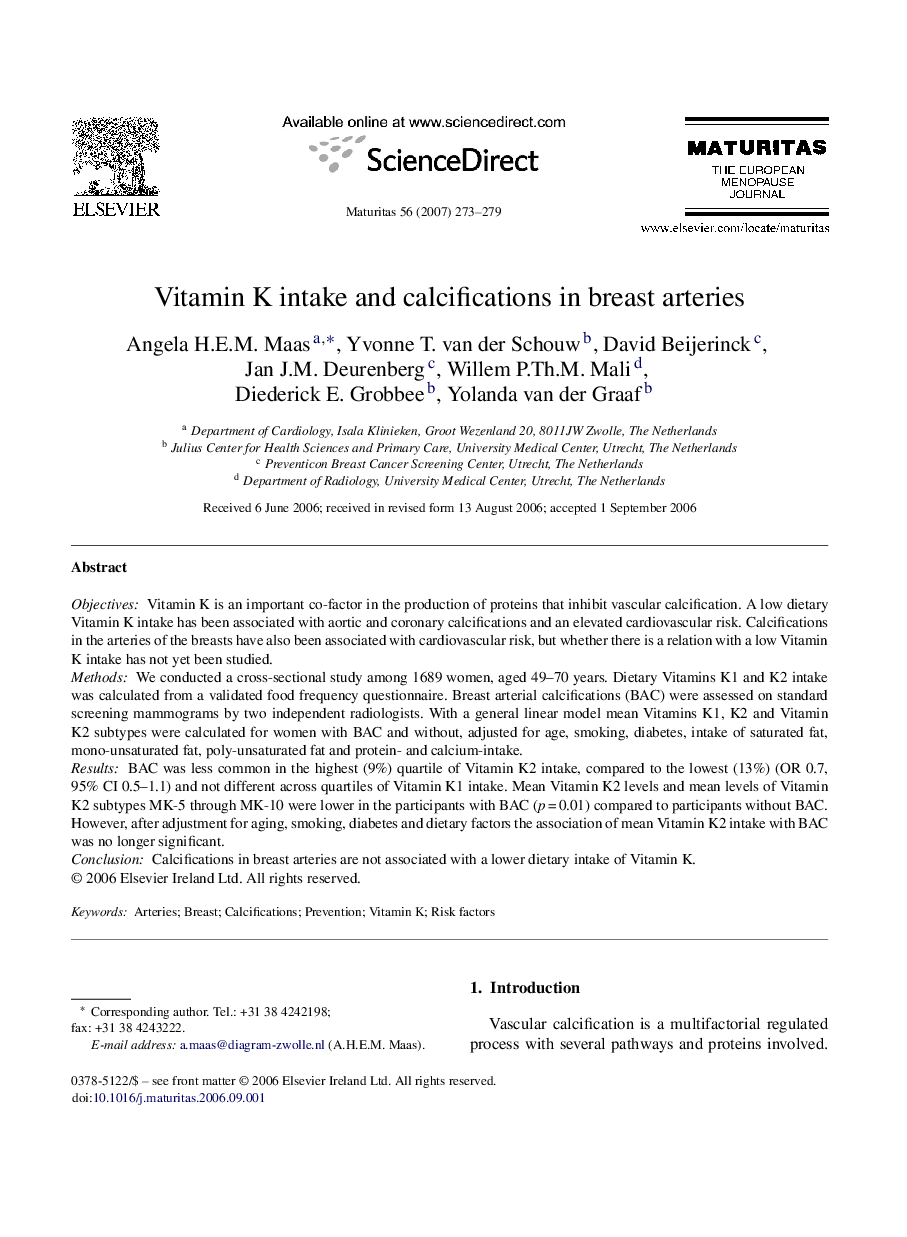 Vitamin K intake and calcifications in breast arteries