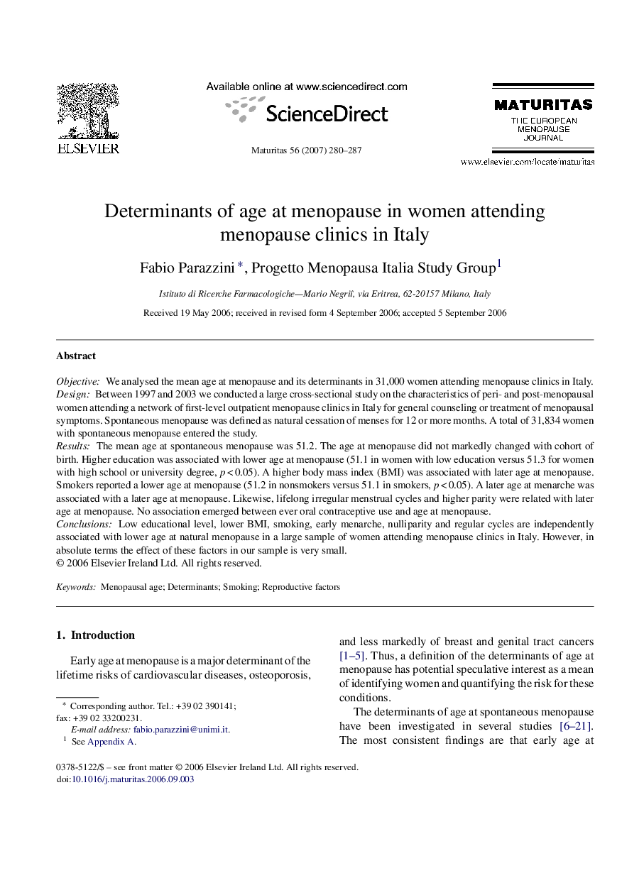 Determinants of age at menopause in women attending menopause clinics in Italy