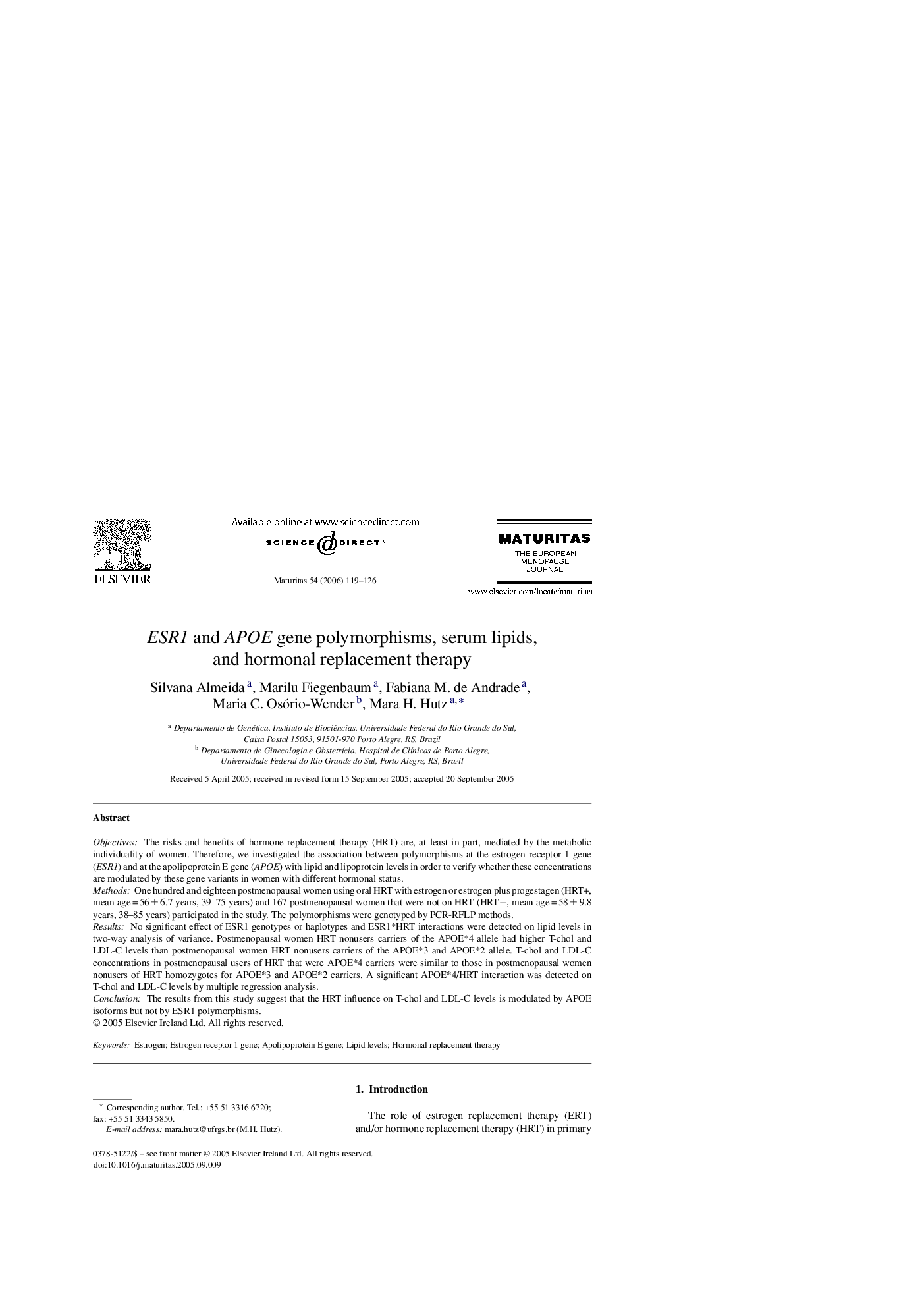 عکس صفحه اول مقاله: ESR1 and APOE gene polymorphisms, serum lipids, and hormonal replacement therapy ESR1 and APOE gene polymorphisms, serum lipids, and hormonal replacement therapy