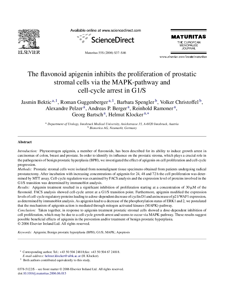 The flavonoid apigenin inhibits the proliferation of prostatic stromal cells via the MAPK-pathway and cell-cycle arrest in G1/S