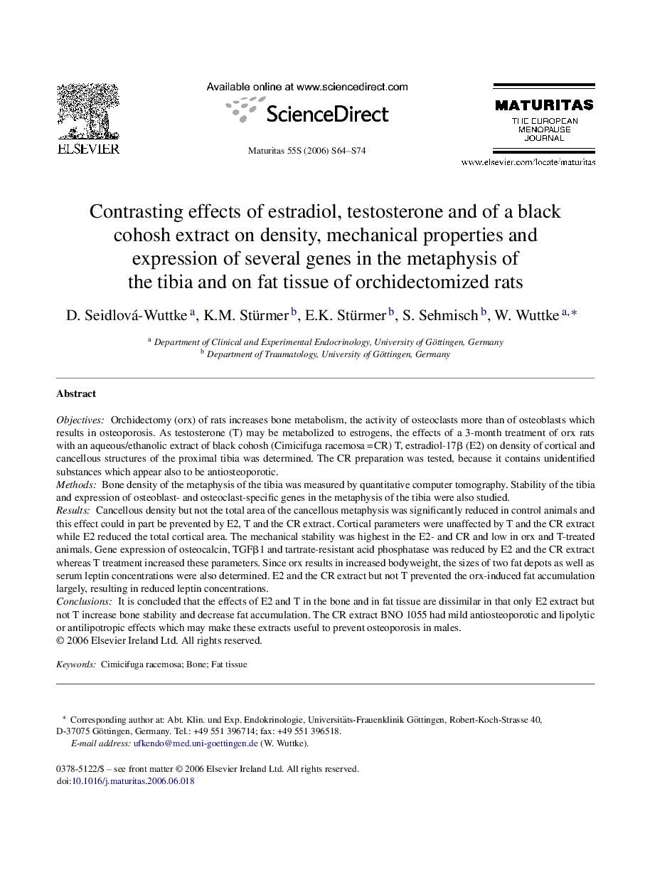 Contrasting effects of estradiol, testosterone and of a black cohosh extract on density, mechanical properties and expression of several genes in the metaphysis of the tibia and on fat tissue of orchidectomized rats