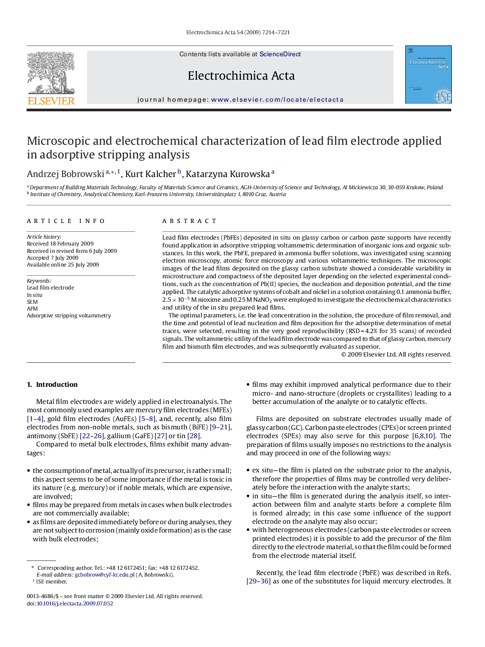 Microscopic and electrochemical characterization of lead film electrode applied in adsorptive stripping analysis