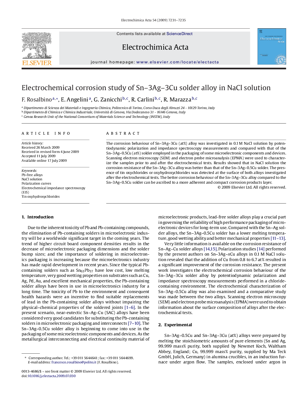 Electrochemical corrosion study of Sn–3Ag–3Cu solder alloy in NaCl solution