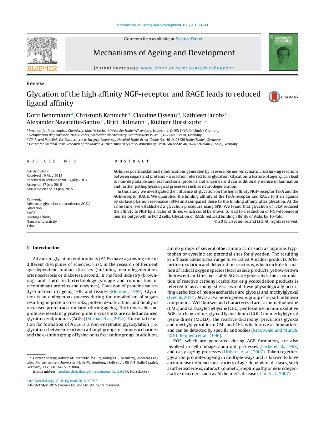 Glycation of the high affinity NGF-receptor and RAGE leads to reduced ligand affinity