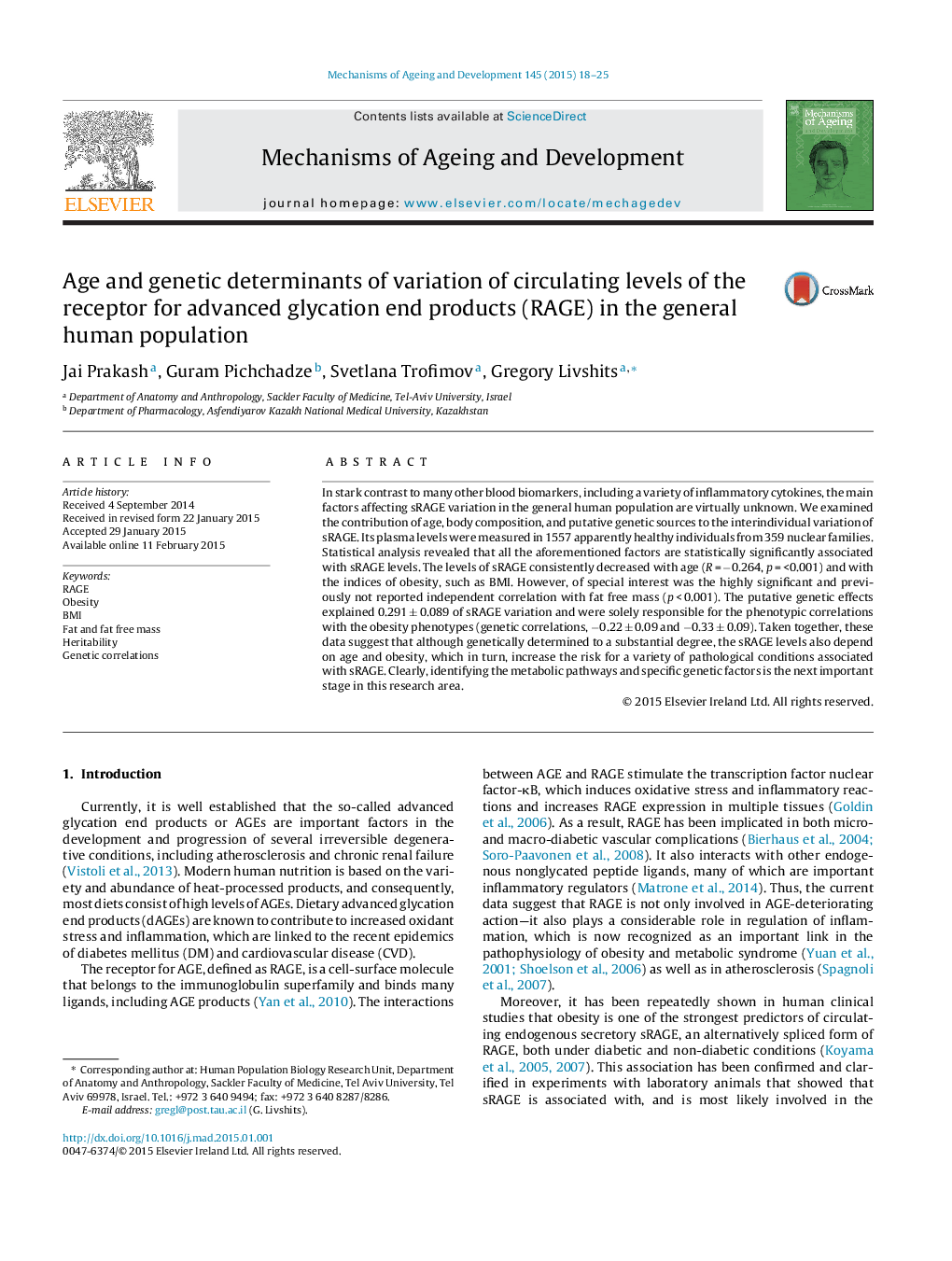 Age and genetic determinants of variation of circulating levels of the receptor for advanced glycation end products (RAGE) in the general human population