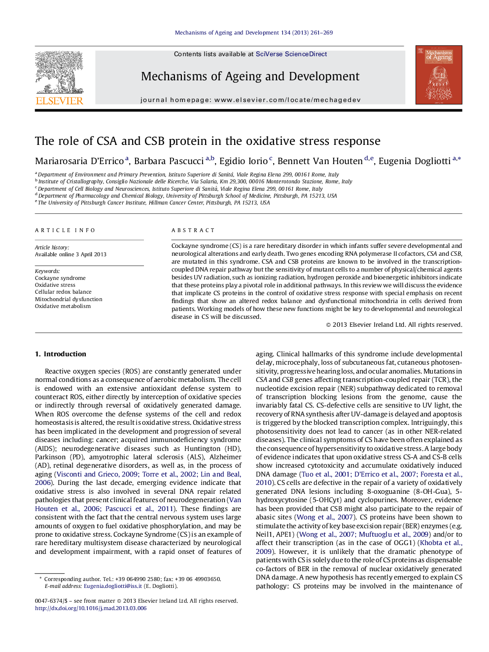 The role of CSA and CSB protein in the oxidative stress response