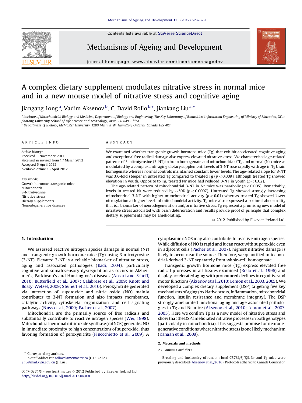 A complex dietary supplement modulates nitrative stress in normal mice and in a new mouse model of nitrative stress and cognitive aging