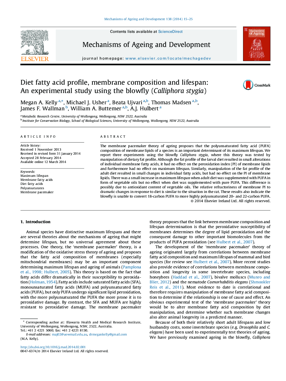 Diet fatty acid profile, membrane composition and lifespan: An experimental study using the blowfly (Calliphora stygia)