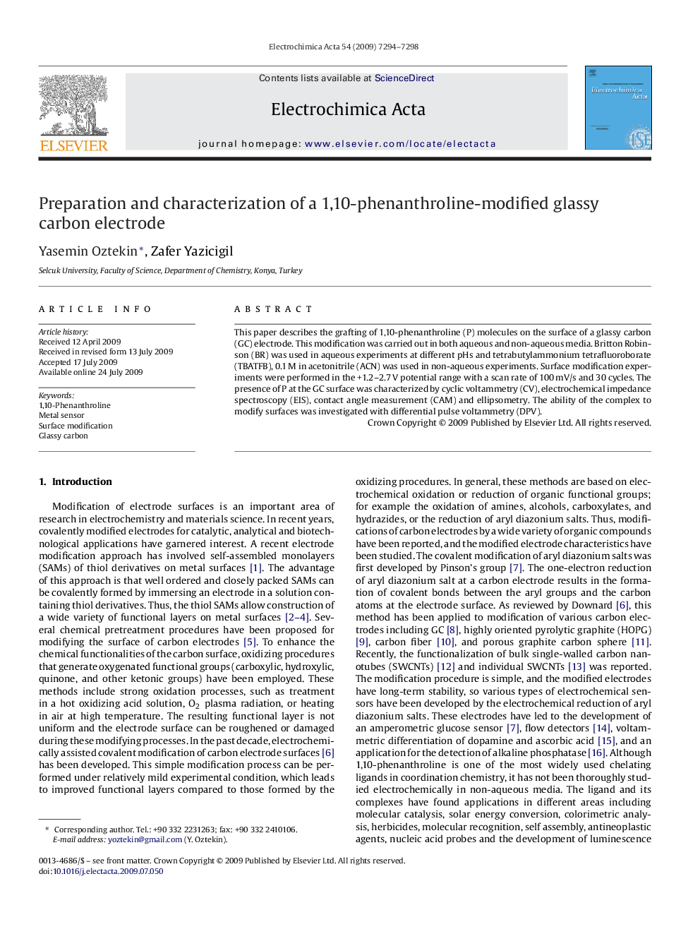 Preparation and characterization of a 1,10-phenanthroline-modified glassy carbon electrode