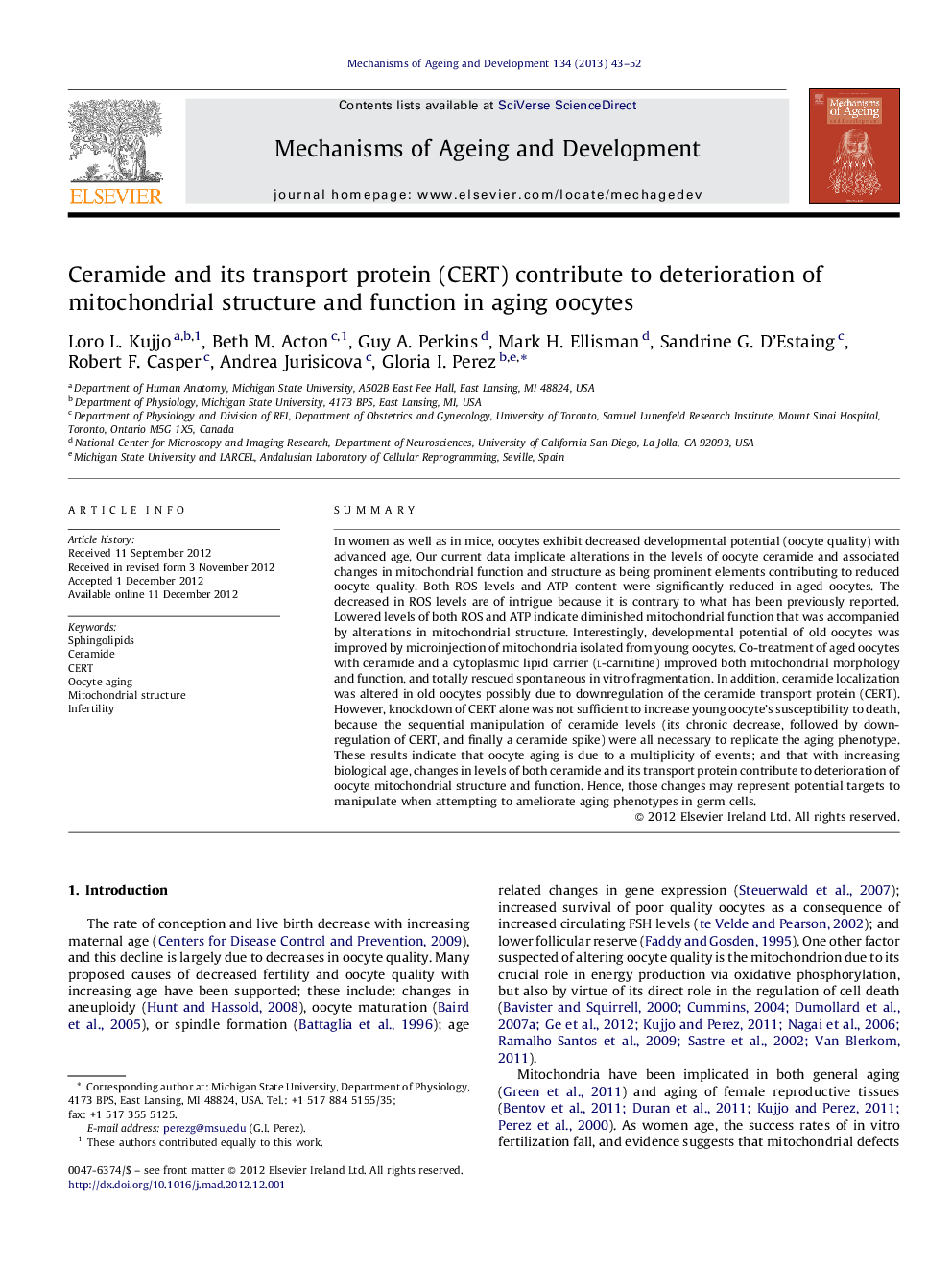 Ceramide and its transport protein (CERT) contribute to deterioration of mitochondrial structure and function in aging oocytes