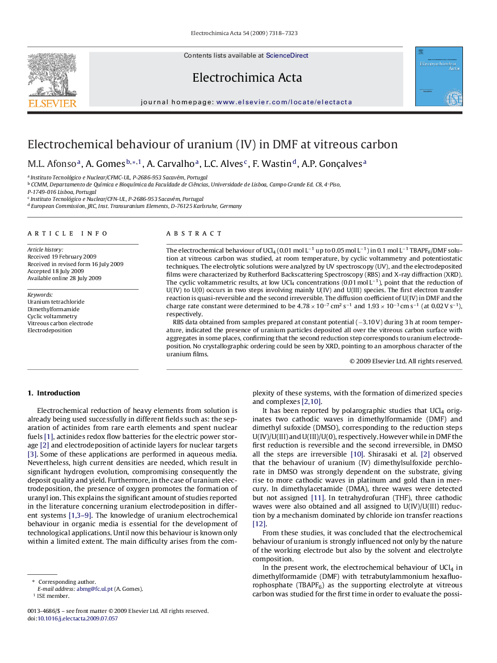 Electrochemical behaviour of uranium (IV) in DMF at vitreous carbon