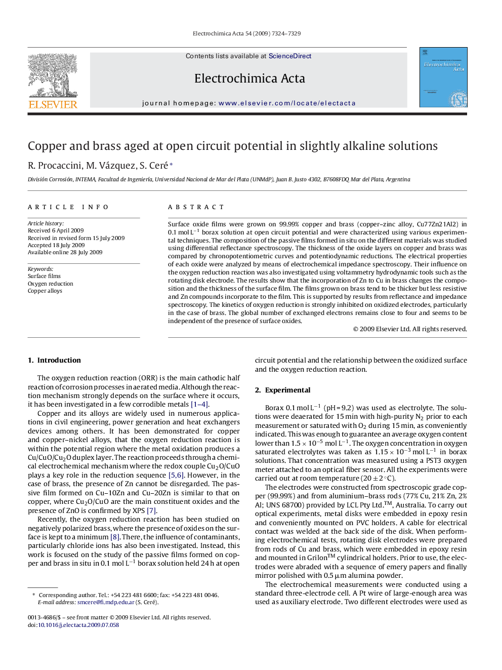 Copper and brass aged at open circuit potential in slightly alkaline solutions