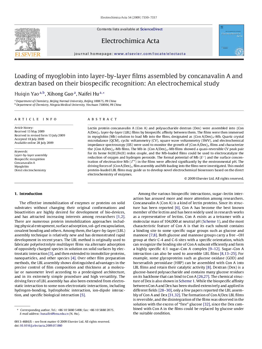 عکس صفحه اول مقاله: Loading of myoglobin into layer-by-layer films assembled by concanavalin A and dextran based on their biospecific recognition: An electrochemical study Loading of myoglobin into layer-by-layer films assembled by concanavalin A and dextran based on their biospecific recognition: An electrochemical study