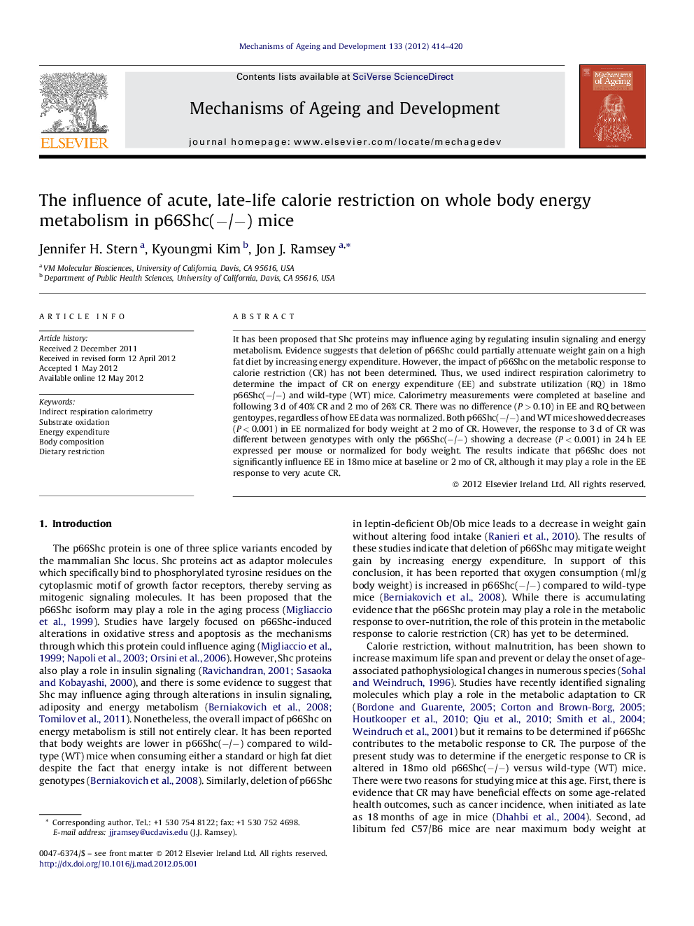 The influence of acute, late-life calorie restriction on whole body energy metabolism in p66Shc(−/−) mice