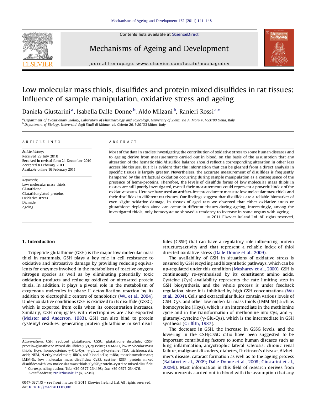 Low molecular mass thiols, disulfides and protein mixed disulfides in rat tissues: Influence of sample manipulation, oxidative stress and ageing