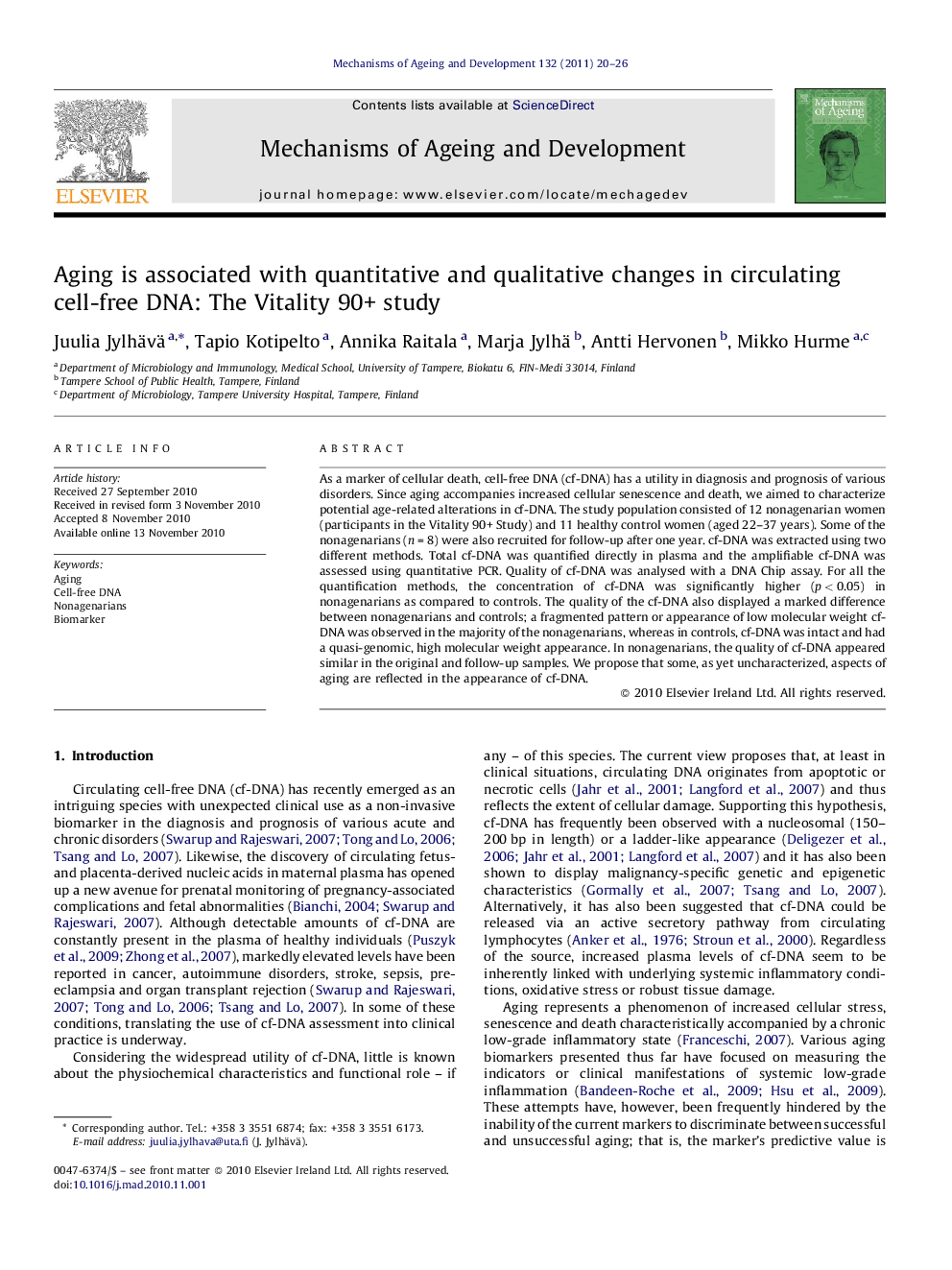 Aging is associated with quantitative and qualitative changes in circulating cell-free DNA: The Vitality 90+ study