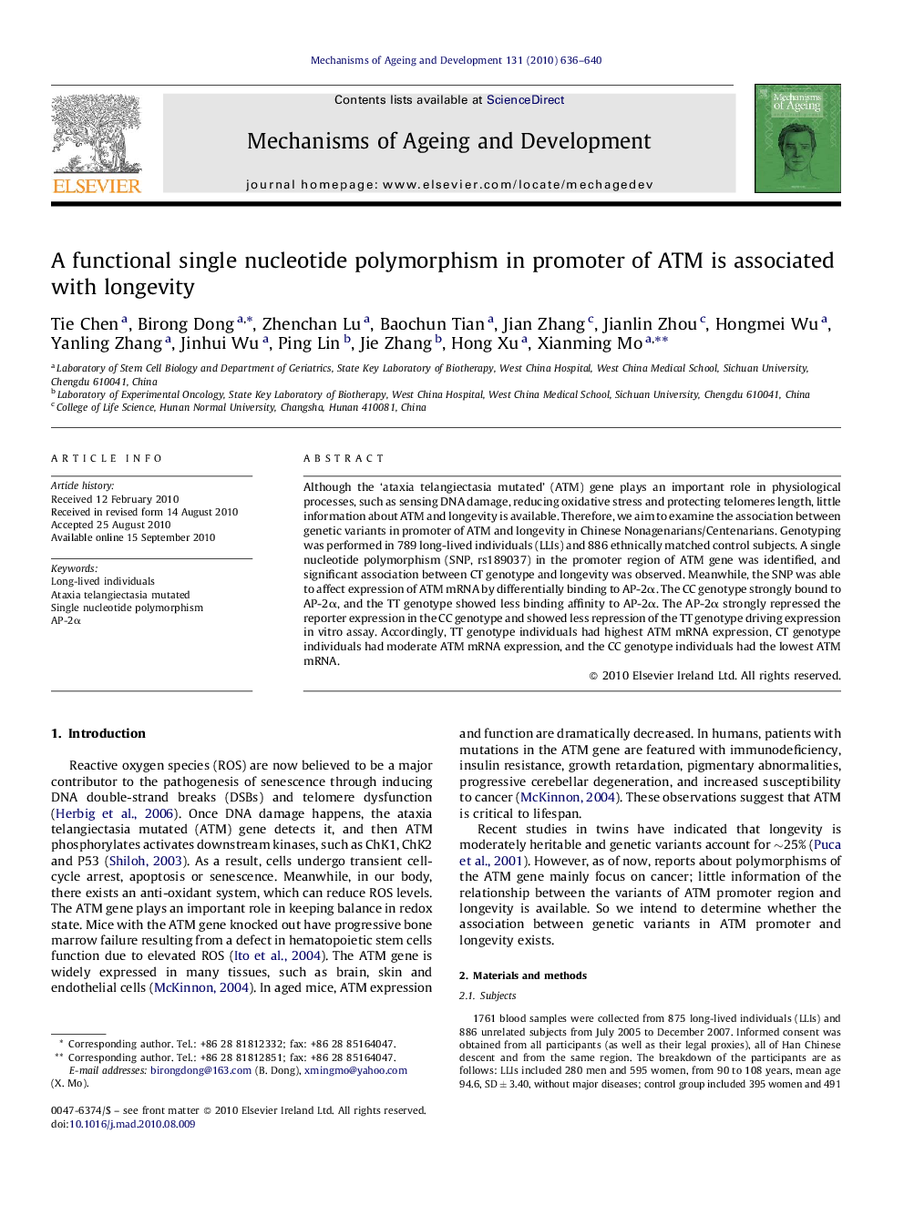 A functional single nucleotide polymorphism in promoter of ATM is associated with longevity