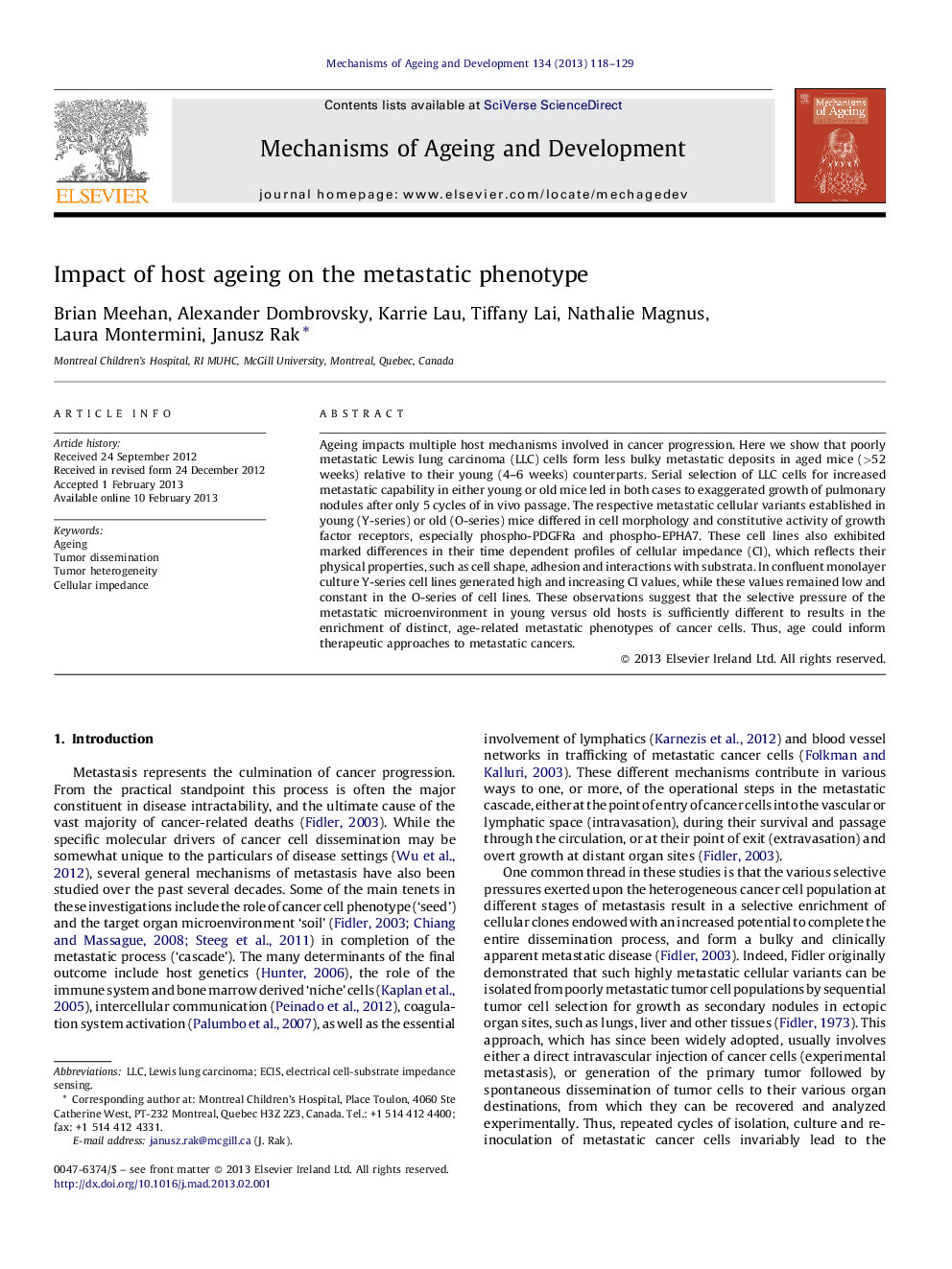 Impact of host ageing on the metastatic phenotype