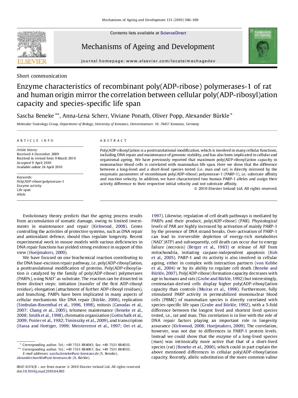 Enzyme characteristics of recombinant poly(ADP-ribose) polymerases-1 of rat and human origin mirror the correlation between cellular poly(ADP-ribosyl)ation capacity and species-specific life span