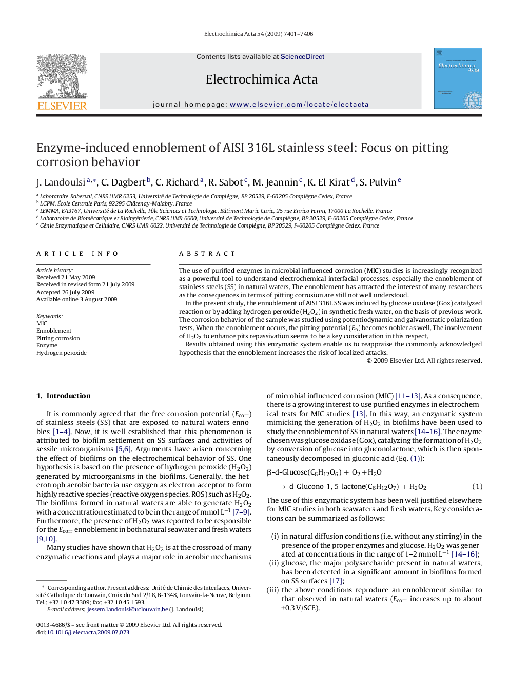 عکس صفحه اول مقاله: Enzyme-induced ennoblement of AISI 316L stainless steel: Focus on pitting corrosion behavior Enzyme-induced ennoblement of AISI 316L stainless steel: Focus on pitting corrosion behavior